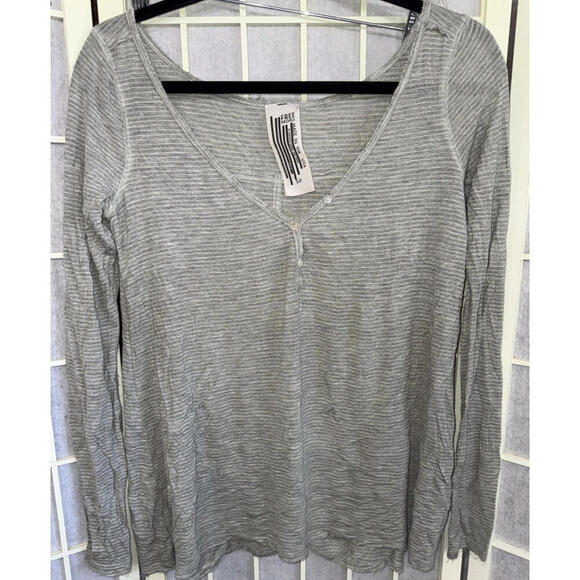 Free People Beach Boho Striped Oversized Dusty Sage Gauze Henley  Long Sleeve Sm - Picture 1 of 14